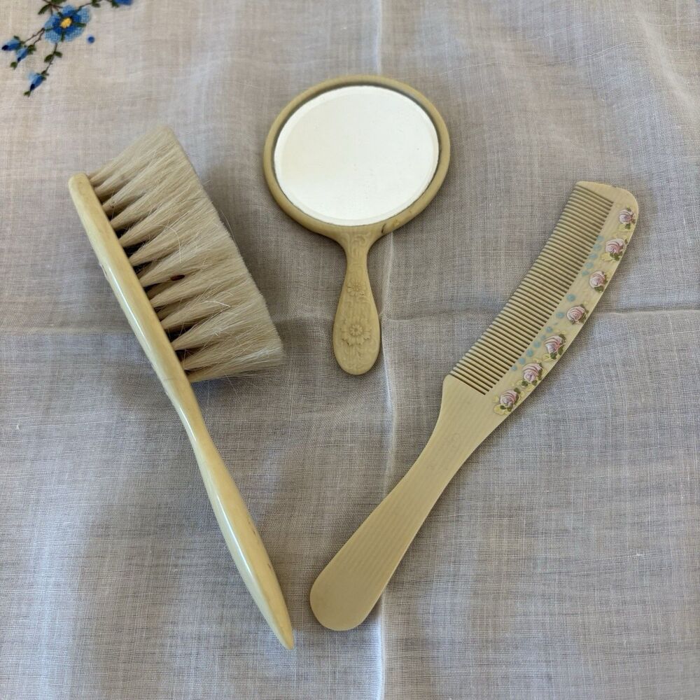 Vintage Baby Brush, Comb, Mirror Set Cream Pink Floral Celluloid Mid Century